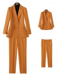 Women's Two Piece Pants Yellow Orange Black Khaki Office Ladies Pant Suit Formal Women Business Work Wear Blazer And Trouser Slim Solid 2