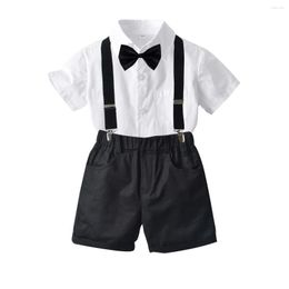 Clothing Sets Summer Boy Pure White Short-sleeved Bow Tie Shirt Black Suspender Shorts Children's Baby Casual Suit KF1105