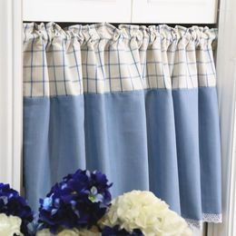 Curtain 145x45cm American Country Solid Colour Light Blue Plaid Half Window Kitchen Semi-shading Lace Hem Cabinet No Rod