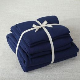 Bedding Sets 4pcs Cotton Jersey Knitted Fabric Solid Colour Navy Blue Duvet Cover Set Dark Soft Fitted Bed Sheet