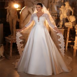 Elegant A-line Wedding Dresses Strapless Lace V-neck Satin 3/4 Long Sleeve Neck Belt Court Gown Custom Zipper Made Plus Size Bridal Dress Vestidos De Novia