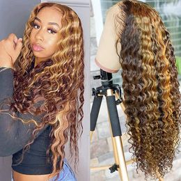 Kostenloser Versand für neue Modeartikel in Stock Honey Blonde Ombre Spitze vorne Humanhaar Perücken brasilianische Deep Wave Perücken Highlight Remy Remy