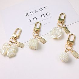 Bow Keychain Geometric Square Pearl Flower Keyring Bag Pendants Women Elegant Key Chain Car Key Accessories