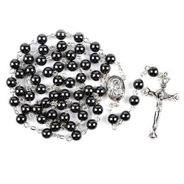 Pendant Necklaces 6mm Vintage Black Beads Christian Catholic Long Hematite Bead Cross Rosary Necklace Jewellery Accessories GiftPendant Neckla