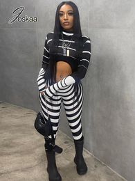 Women's Jumpsuits Rompers Joskaa Black White Stripe Hollow-out Long Sleeve Trend Jumpsuit Women Fashion Fitness Sports Bodycon Romper Sexy Streetwear 230323