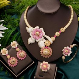 Necklace Earrings Set GODKI 4 PCS Full Cubic Zirconia Luxury Big Flower Bangle Earring Ring Jewellery Brides Wedding Jewellery