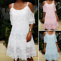 Casual Dresses Cold shoulder half sleeve crochet embroidery lace stitching mini dress hollowed out summer dress women's clothing 230322