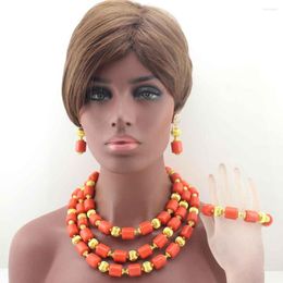 Necklace Earrings Set Classic Nigerian Wedding African Orange Coral Beads Jewelry Costume HD8430