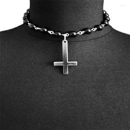 Choker Simple Black Onyx With Inverted Cross Pendant Gorgeous Vampire Gothic Jewelry