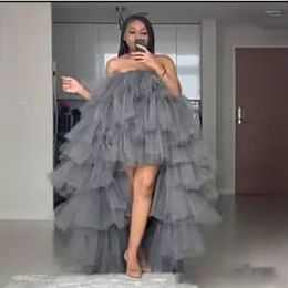 Runway Dresses Prom Dress Grey Short Front Long Behind Sexy Sleeveless Strapless Evening Gowns Tulle Formal Occasion For Women 2023