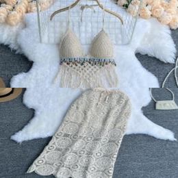Women's Two Piece Pants beach style women Hook flower hollow sets Summer holiday bohe crochet set holoow out lace 230322