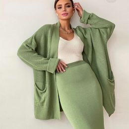Women's Jackets Vintage Lace Up Women Suits 2 Pieces Female Sets with Belt V Neck Cardigan Midi Dress Ladies Knitted TrackSuit 230323