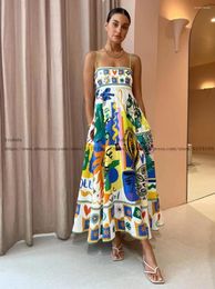 Summer Fashion Print Linen Ankle Length Strap Dress Women Retro Holiday Slip Robe Casual Dresses