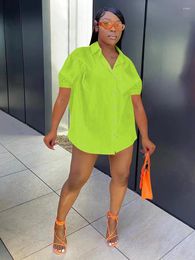 Women's Blouses Leisure Orange Green Straight Loose Shirt Women Lapel Neck Short Sleeve Basic Office Lady Single Breasted Clothing