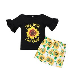 Kids Girls Floral Outfits Sunflwer Printed Tops Toddler Baby Flared Sleeves T-Shirts Elastic Pocket Shorts Kids Leisure Clothes 06210305