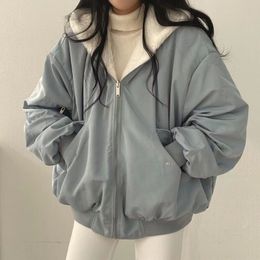 Women's Jackets Thickened TwoSided Wear Lambswool Cotton South Korea Plus Down Women'S Winter Zipper Hooded Y2k 230323
