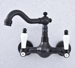 Bathroom Sink Faucets Black Oil Rubbed Brass Kitchen Basin Faucet Mixer Tap Swivel Spout Wall Mounted Dual Ceramic Handles Msf704