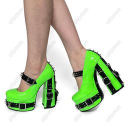 Olomm New Women Platform Pumps Patent Studded Chunky Heels Buckle Punta tonda Cool Girl Grey Night Club Shoes Ladies US Size 5-15