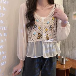 Women's Blouses French Style Women Autumn Chiffon Puff Long Sleeve Blouse Butterfly Embroidery Hollow Out Crochet Knit Peplum Top Shirts