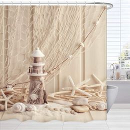 Shower Curtains Nautical Decor Shower CurtainLong Coastal Sea Shell Fishing Net Lighthouse Starfish Ocean Beach Fabric Bathroom Decor Set 230323