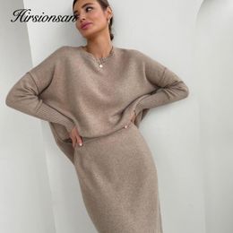 Two Piece Dress Hirsionsan Soft Elegant Vintage Women Suits 2 Pieces Female Sets O Neck Sweater Midi Dress Ladies Knitted TrackSuit 230323