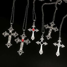 Pendant Necklaces Large Detailed Cross Drill Pendant Jewel Necklace Silver Color Tone Gothic Punk Jewellery Fashion Charm Statement Women Gift(Red Z0321