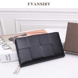 Wallets 2022 New Top Real Leather Long Storage Wallet Woven Large Plaid Minimalist Men Fashion Business Clutch High-End Gift Box-Packed Z0323