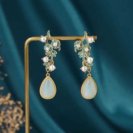 Charm Ancient gold craft Natural Hotan Jade Water drop earrings for women enamel flowers inlaid pearls eardrop vintage wedding Jewellery Z0323