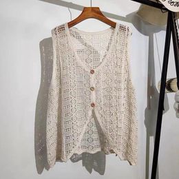 Women's Blouses Korean Hollow Out Sexy Floral Embroidery Knitted Lace Blouse Women Cardigan Loose V-neck Sleeveless Vest Summer Top 2023