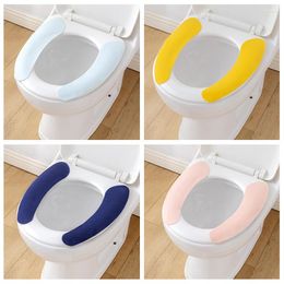 Toilet Seat Covers Bathroom Cover Universal Flannel Washable Sticker Warmer Closestool Mat Soft Candy Colour Lid Pad