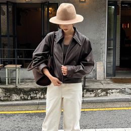 Women's Leather Spring Autumn Casual Solid Colour Lapel Long Sleeve Loose Jacket