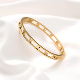Bangle Top Selling Nice Design Stainless Steel Crystal Bracelets For Women Gold Bangles Hollow Roman Numerals Women's Jewelry