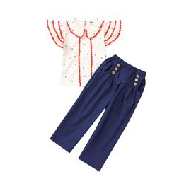 Set di jeans per bambini Top con colletto rovesciato stampato a pois Camicie di pizzo ondulato per ragazze Jeans con tasche con bottoni Pantaloni elastici per bambini Abiti casual per bambini