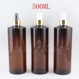 Storage Bottles 500ML Brown Flat Shoulder Plastic Bottle With Gold Spray Pump 500CC Empty Cosmetic Container Toner / Water Sub-bottling