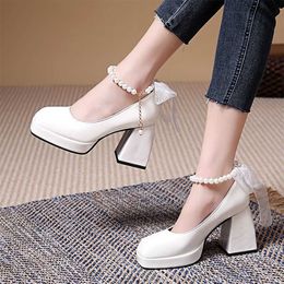 Dress Shoes Women's Wedding Shoes White Ankle Strap High Heels Platform Pumps Pearls Back Bow Luxury Designer Shoes Spring Autumn 1169N AA230322