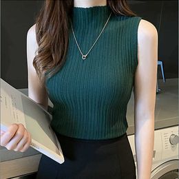 Women's Tanks Camis Women Casual Knitted Vest Solid Colour Sleeveless Half High Collar Slim Base Shirt Sexy Tank Top Knitwear Y2k Streetwear P230322