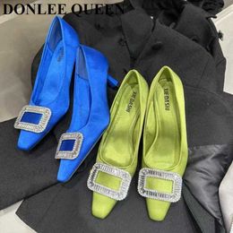 Fashion Silk Women Pumps Square Toe High Heels Shoes Brand Bling Crystal Buckle Pumps For Party Dress Ladies Shoes Slip On Mujer 230223