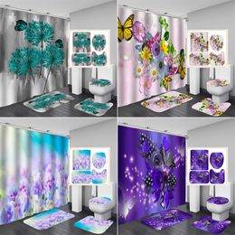 Shower Curtains 180*180cm Colourful Flowers Fabric Shower Curtains Bath Mats Rugs Beautiful Butterfly Flower Bathroom Curtain Set Home Decoration 230322