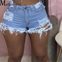 Shorts femininos moda sexy cintura alta senhoras denim verão rasgado oco buraco streetwear jeans 230322