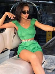 Women's Two Piece Pants Knit Shorts Set Casual VNeck Long Ruffle Sleeve Slim Fit Pullover Knitwear Twopiece 230322