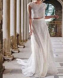 Zweiteiliger Shine Hochzeitskleid 2023 A-Line Cap Sleeve Jewel Rückenless Paillettenbrautkleider Frauen Sommer Vestidos de Noiva Robe de Mariage