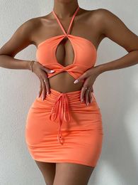 Casual Dresses 2022 Fashion Halterneck Dress Woman Sexy Backless Party Dress Drawstring Draped Nightclub Girl Mini Knitted Fabric P230322