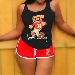 2023 Summer Women Tracksuits Yoga Pants 2 Piece Set Bear Pattern Printed Tank Top And Shorts Sports Outfits