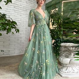 Party Dresses Sevintage Green Embroidery Lace Prom Puff Sleeves A Line Long Wedding Gowns Open Back Tulle Evening Dress 230322