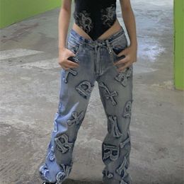 Jeans da donna Rockmore Patchwork Y2K Streetwear Pantaloni cargo dritti larghi Punk Pantaloni a gamba larga in denim a vita alta anni '90 Vintage 230322