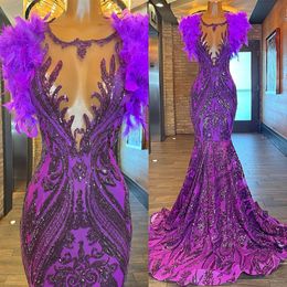 2023 Arabic Aso Ebi Purpled Mermaid Prom Dresses Feather Sequined Lace Evening Formal Party Second Reception Birthday Engagement Bridesmaid Gowns Dress ZJ7433