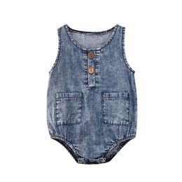 Infant Baby Denim Rompers Boys Sleeveless Onesies Girls Button Pockets Romper Kids Casual Outfits Newborn Jumpsuits