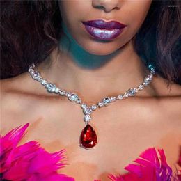 Chains 2023 Fashion Shiny Rhinestone Transparent Red Droplet Crystal Necklace Women's Statement Wedding Jewellery Pendant