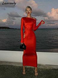 Casual Dresses Sexy Red Silky One Shoulder Cutout Dress Long Sleeve Open Waist Lace Up Party Dress 2023 Spring Slim Women's Long Dresses P230322