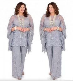 Custom Made Plus Size Of The Bride Pant Suits Long Sleeves Three Pieces Sier Grey Formal Women Groom Lace Mother Dresses